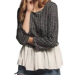 Anthropologie Maeve tweed twofer top black white plaid pattern layered M EUC